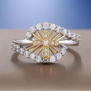 2 Toned White & Yellow Gold CZ Diamond Cross Ring